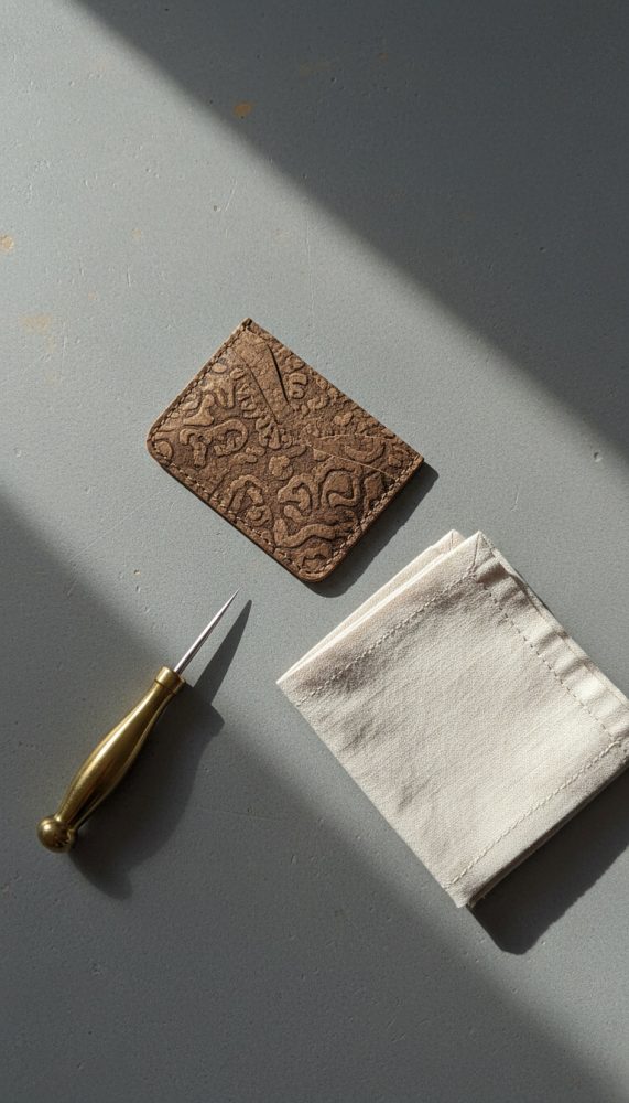 Carteira artesanal castanha com padrão, agulha dourada e pano branco sobre fundo cinzento
