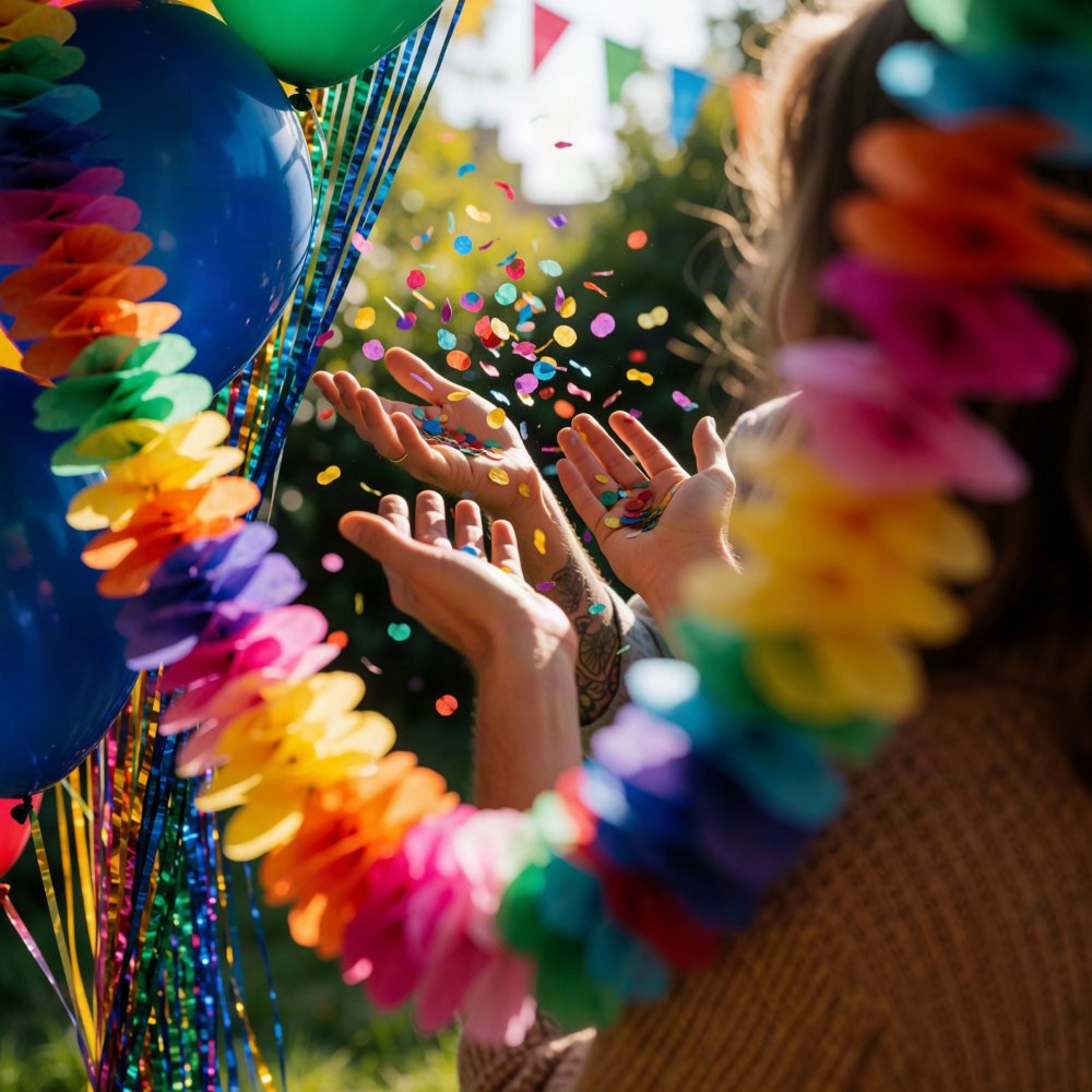 Mãos com confetes coloridos e balões azuis em festa ao ar livre decorada com guirlanda colorida