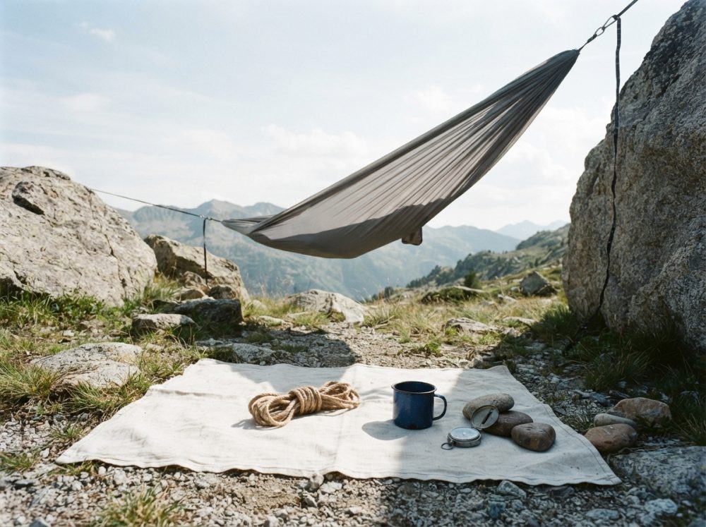 Hammock pendurado entre rochas com acessórios de campismo sobre um pano na montanha