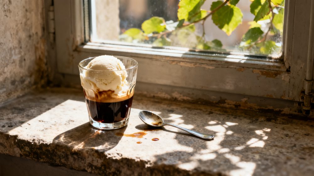 Affogato com gelado em copo transparente numa janela rústica iluminada pelo sol