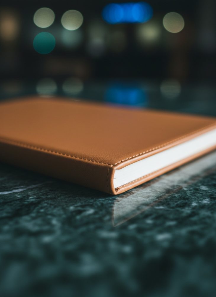 Livro com capa de couro castanha sobre bancada escura e refletora com fundo desfocado