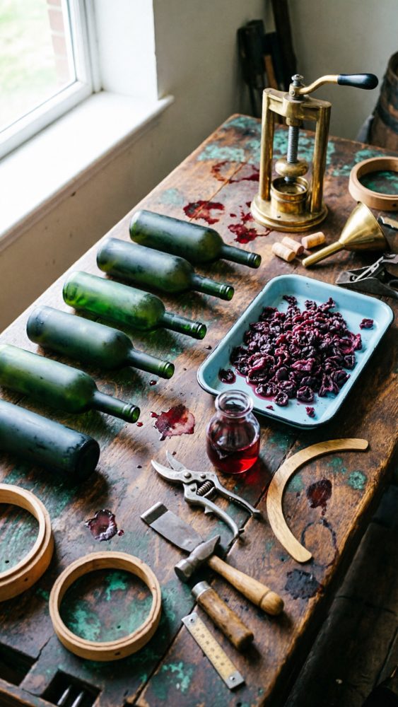 Mesa rústica com garrafas verdes, ferramentas de vinho e cachos de uvas cortadas