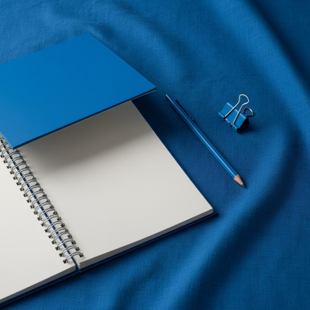 Caderno espiral aberto com páginas em branco, lápis e clips azuis sobre tecido azul