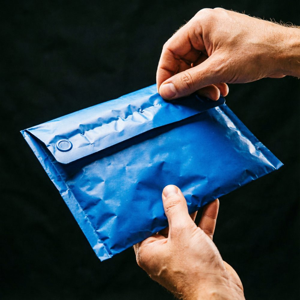 Mãos segurando envelope acolchoado azul para envio