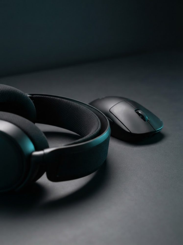 Headphones pretos e rato gaming preto sobre superfície escura para jogos