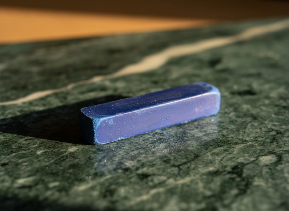 Pastel seco azul em cima de uma superfície verde texturada com luz lateral quente