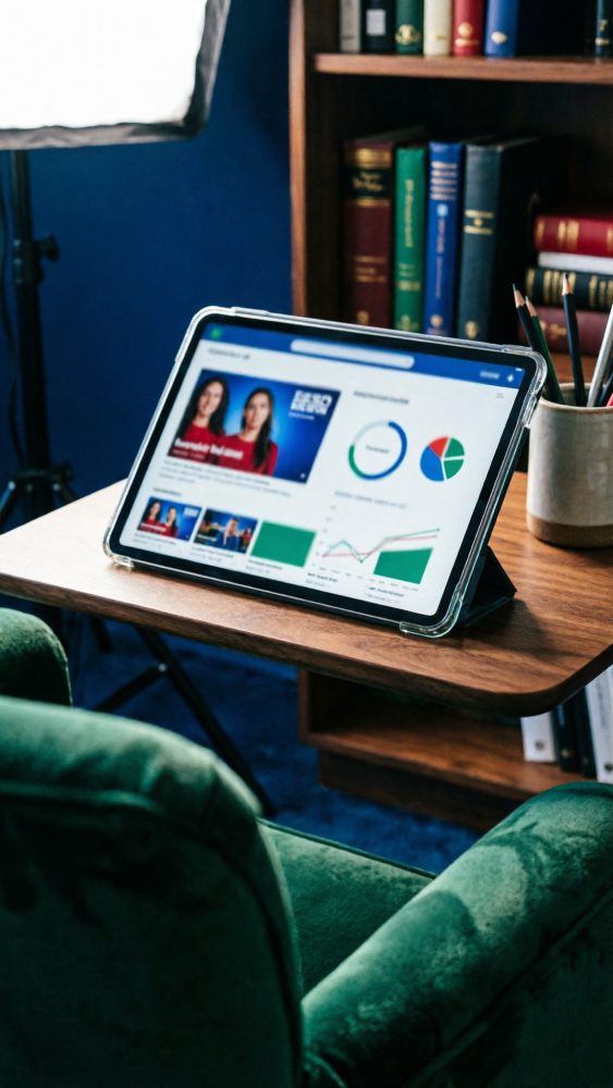Tablet a mostrar dados gráficos e notícias numa mesa junto a estante de livros e cadeira verde