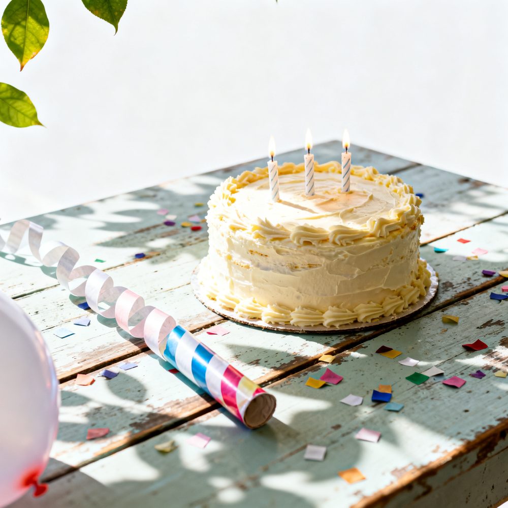 Bolo de aniversário com três velas acesas, confetes e apito colorido numa mesa rústica