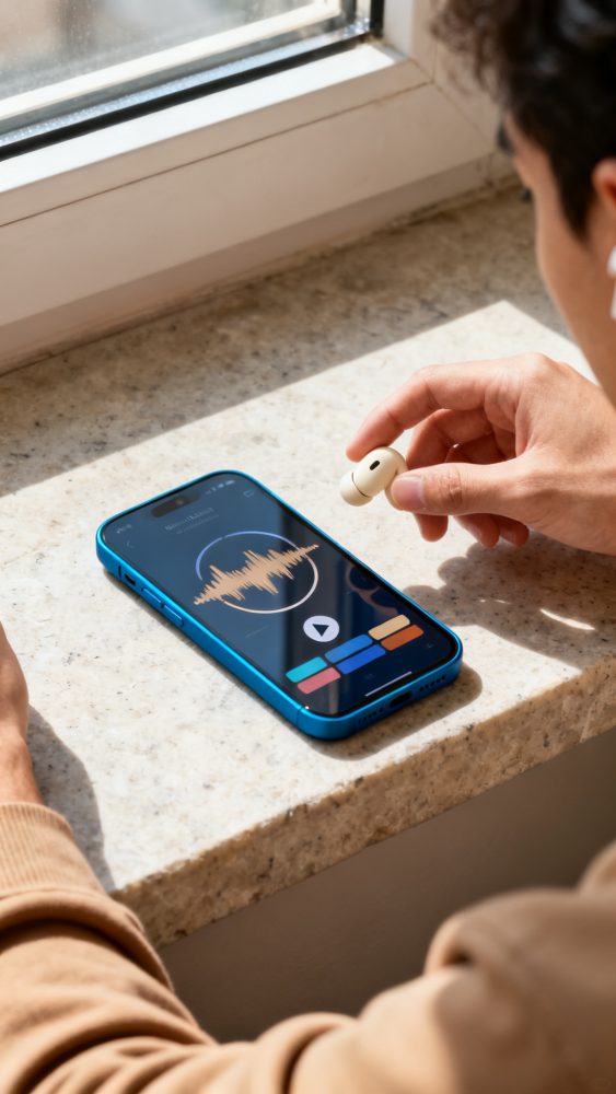 Pessoa segura auscultador branco junto a smartphone azul com app de edição de áudio na mesa