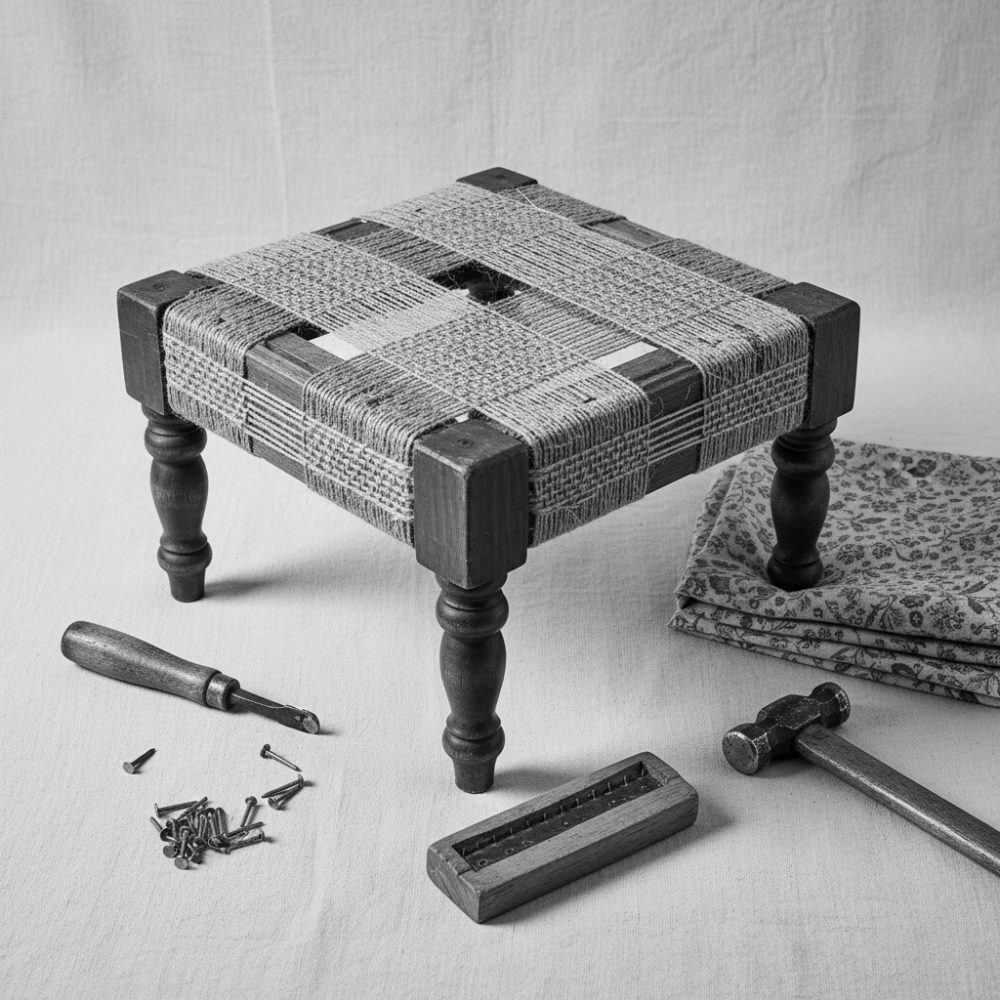 Banco quadrado em madeira com assento de cordas entrelaçadas e ferramentas de bricolage vintage ao lado