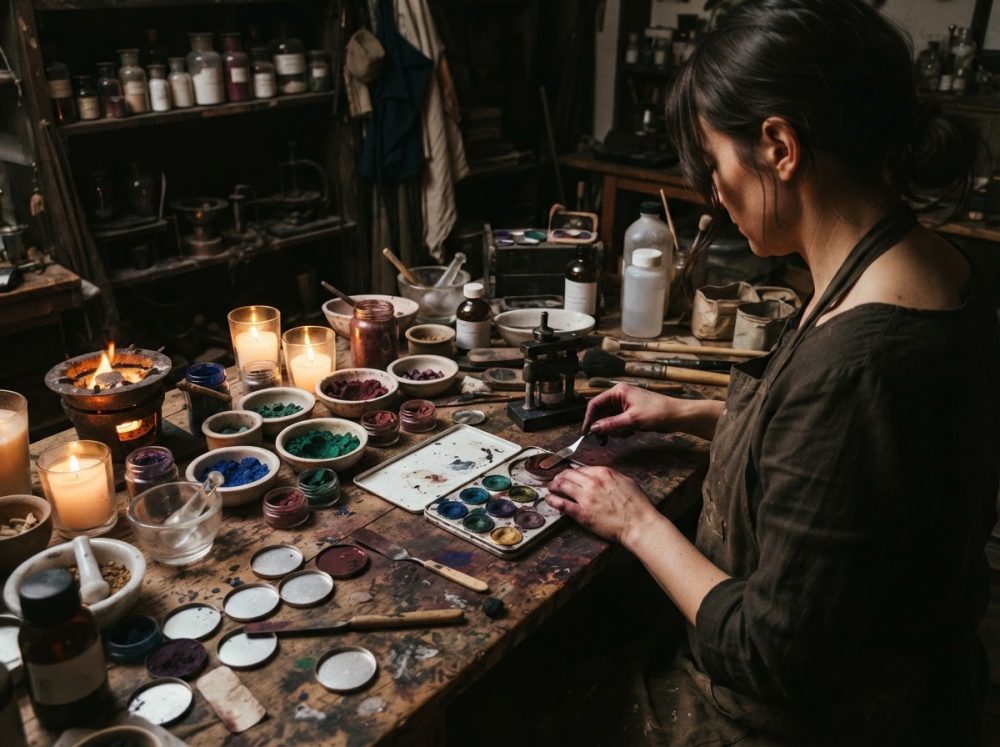 Mulher prepara pigmentos naturais para produtos artesanais de beleza numa bancada com velas e pinceis