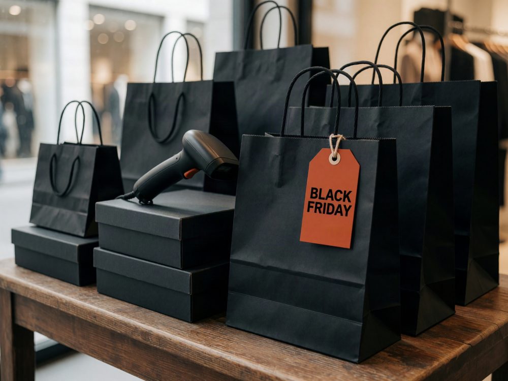 Sacos de compras pretos com etiqueta Black Friday e caixas sobre mesa de madeira