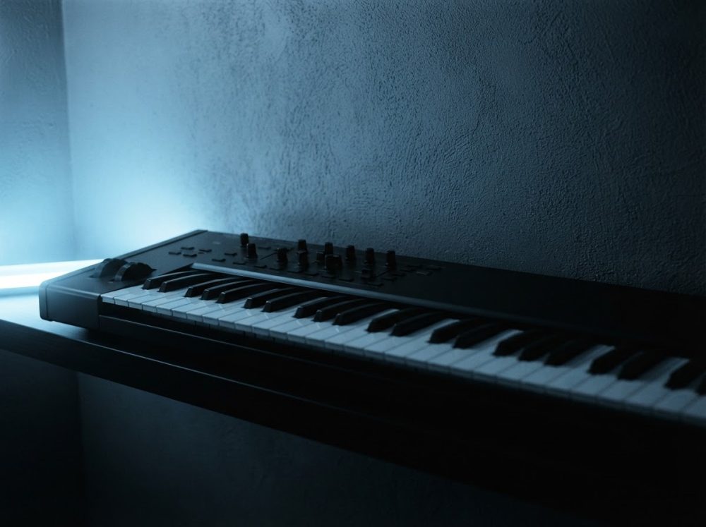 Teclado musical digital preto iluminado por luz azul suave num ambiente escuro