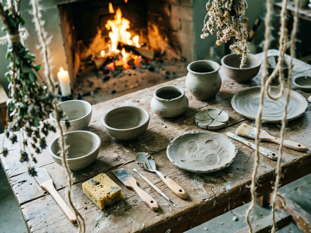 Mesa rústica com utensílios de barro cru e ferramentas de pintura junto a lareira acesa