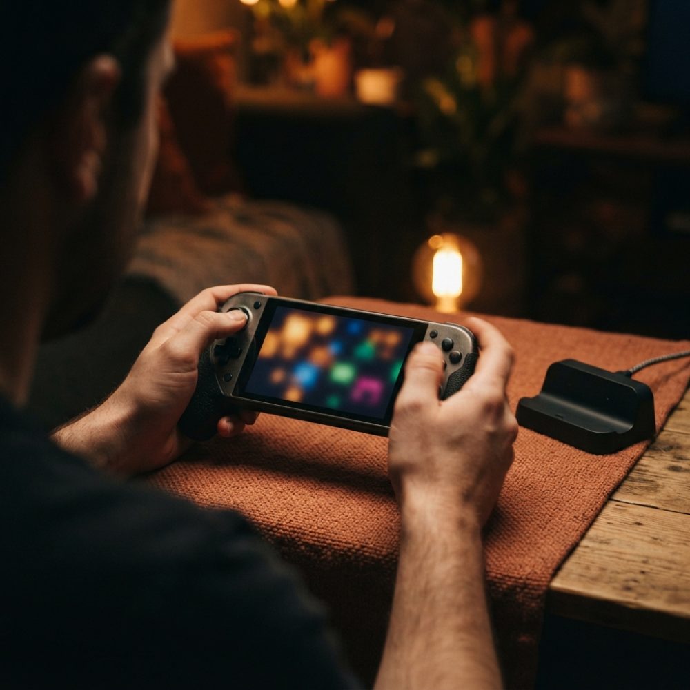 Pessoa a jogar numa consola portátil com ecrã iluminado e fundo escuro desfocado