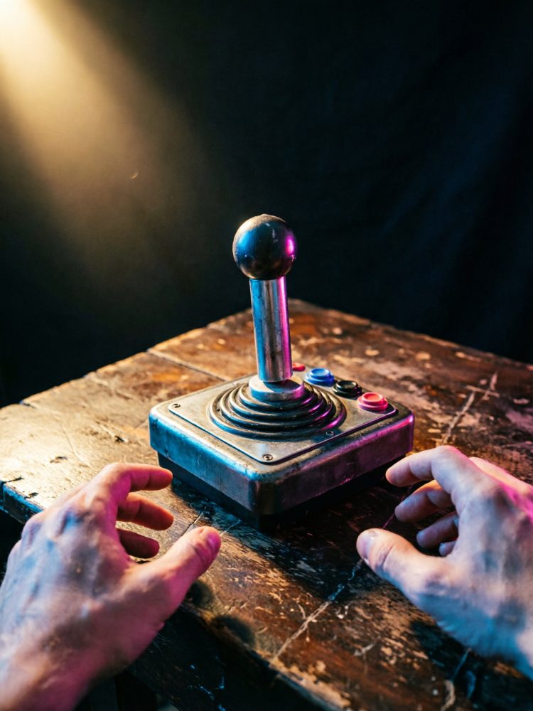 Joystick retro vintage numa mesa de madeira com mãos à volta, luz quente e fundo escuro