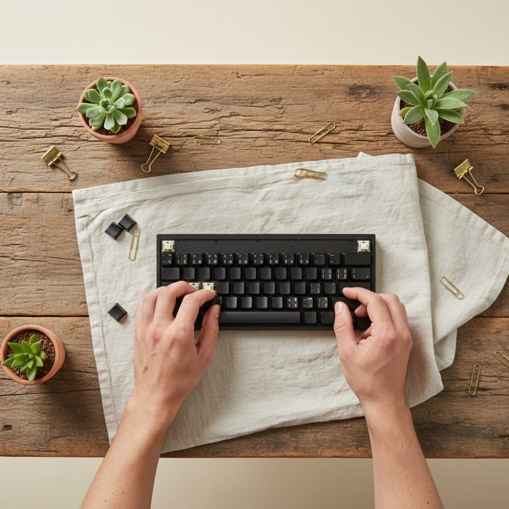 Mãos a interagir com teclado mecânico preto sobre pano e mesa de madeira com plantas e clips