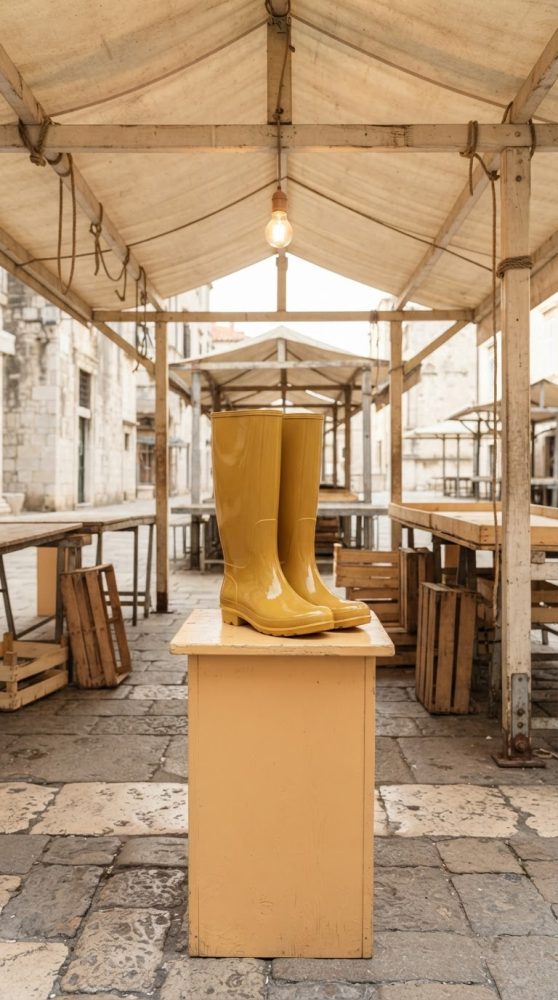 Par de botas amarelas de borracha apresentadas numa mesa num mercado ao ar livre
