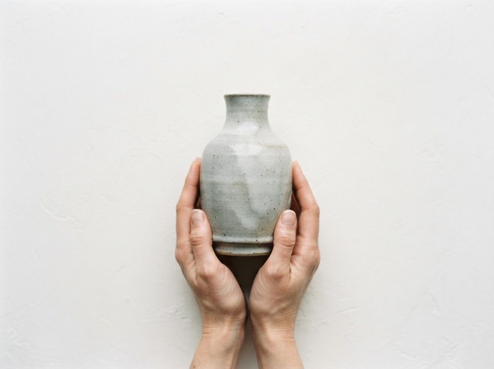 Mãos segurando vaso de cerâmica cinza claro contra fundo branco