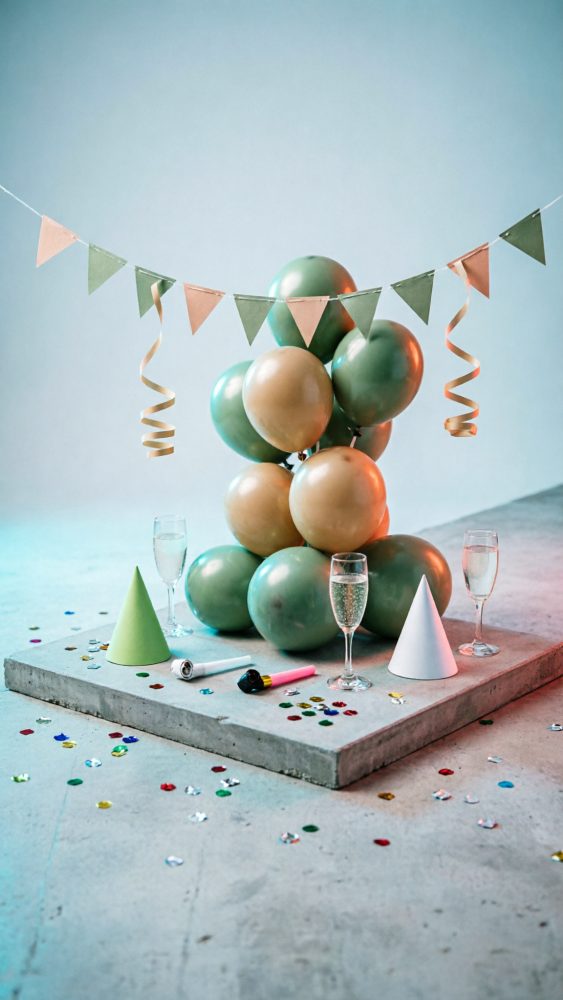 Balões verdes e dourados empilhados com chapéus de festa, taças de champanhe, confetis e guirlanda de bandeirolas