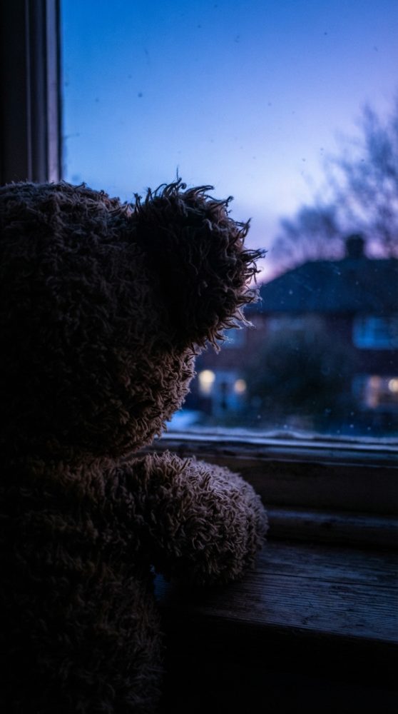 Urso de peluche castanho a olhar pela janela ao entardecer com céu azul e casas ao fundo