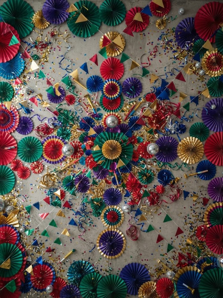 Decoração festiva com papeleiras, bandeirolas triangulares, confetes e serpentinas coloridas