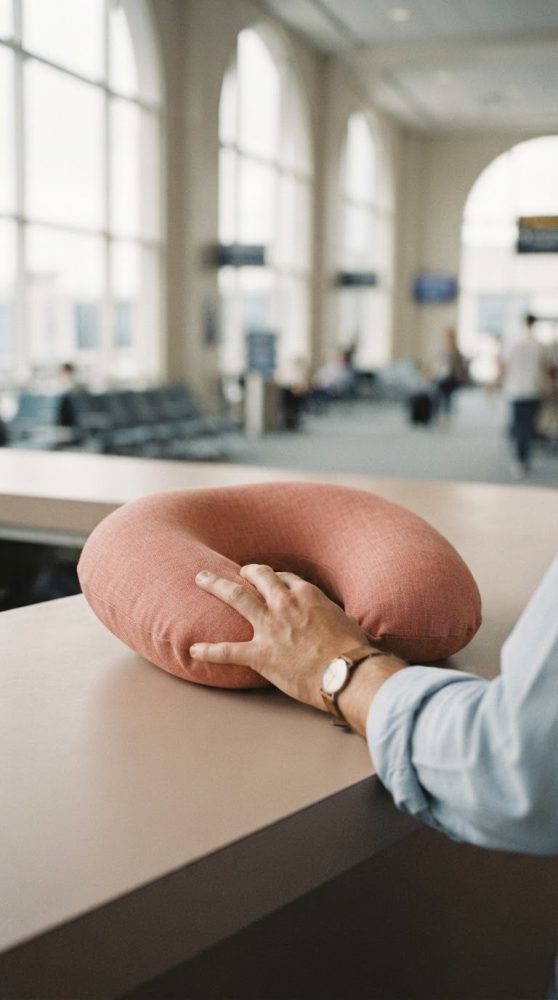 Almofada de pescoço de cor terra pousada em balcão com mão sobre ela num aeroporto iluminado