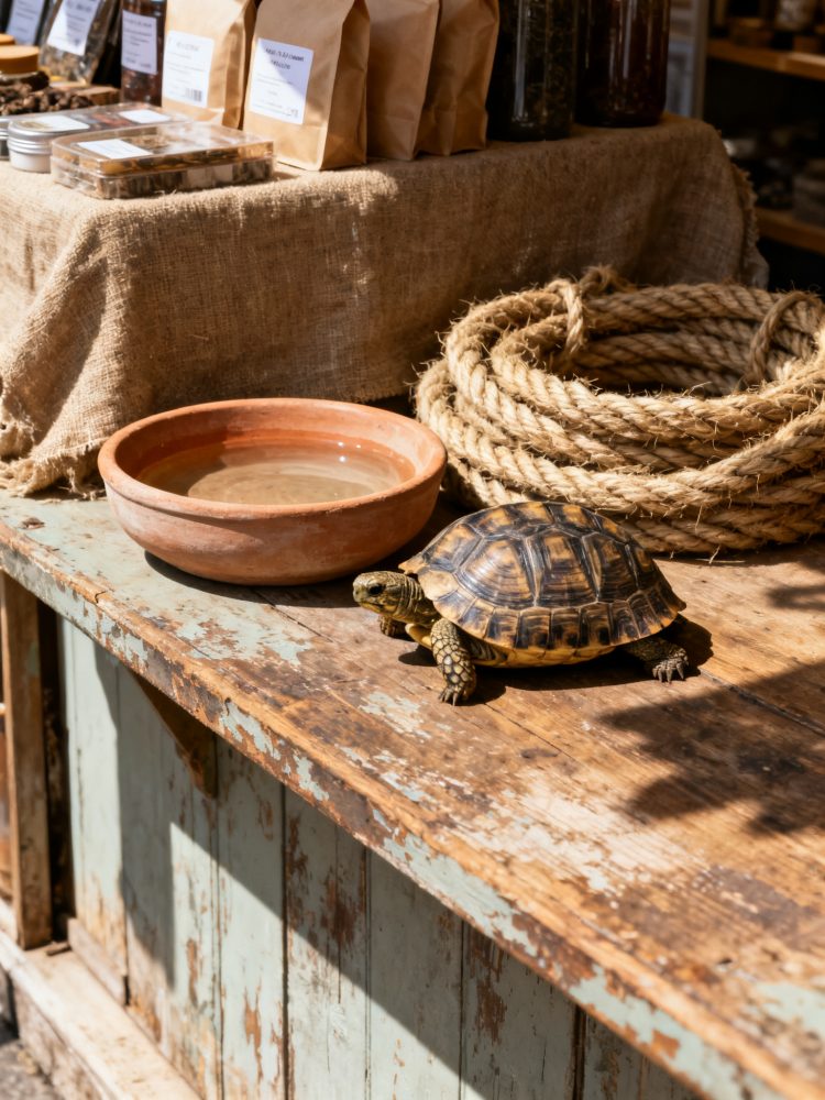 Tartaruga sobre mesa de madeira rústica perto de pote de barro com água e corda enrolada