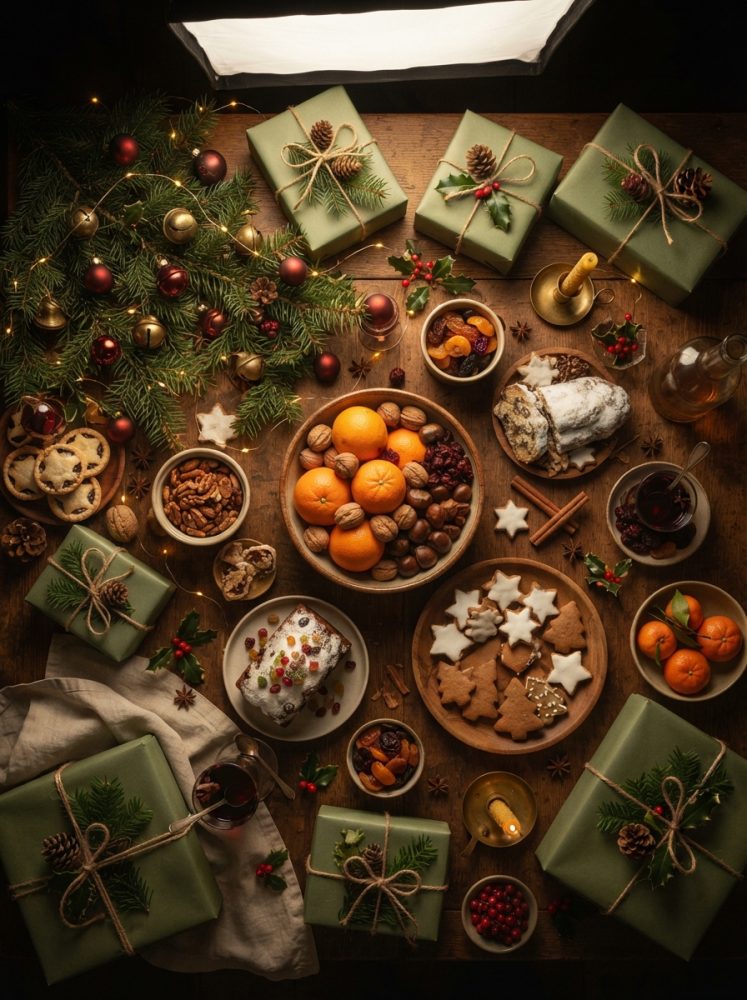 Mesa de Natal com presentes verdes, bolachas, frutos secos, clementinas e luzes decorativas