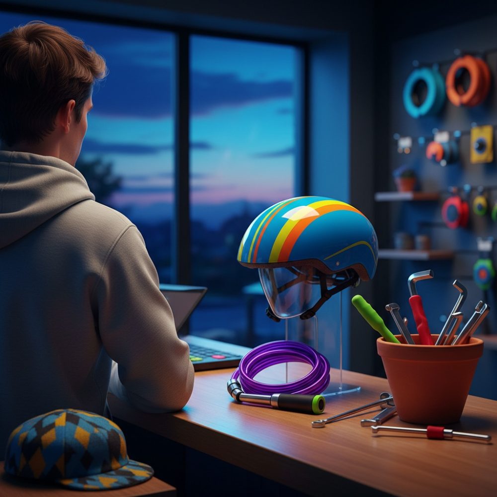 Homem de costas com capacete de bicicleta colorido, ferramentas e acessórios num espaço interior ao crepúsculo