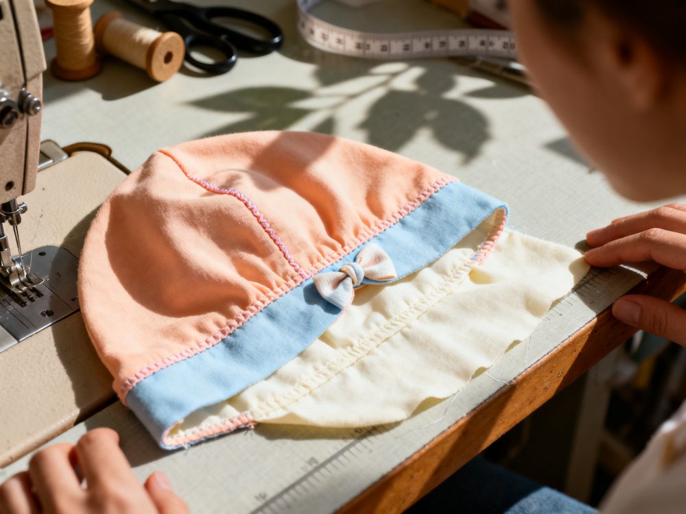 Gorro de bebé cor-de-rosa e azul com laço sobre mesa de costura