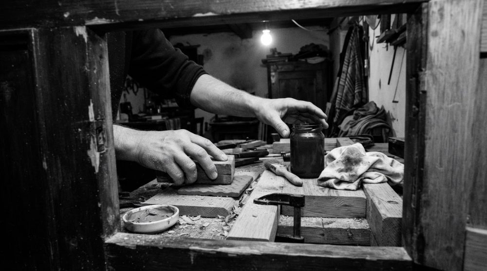 Mãos a lixar madeira numa bancada com ferramentas e verniz num atelier de marcenaria rústica