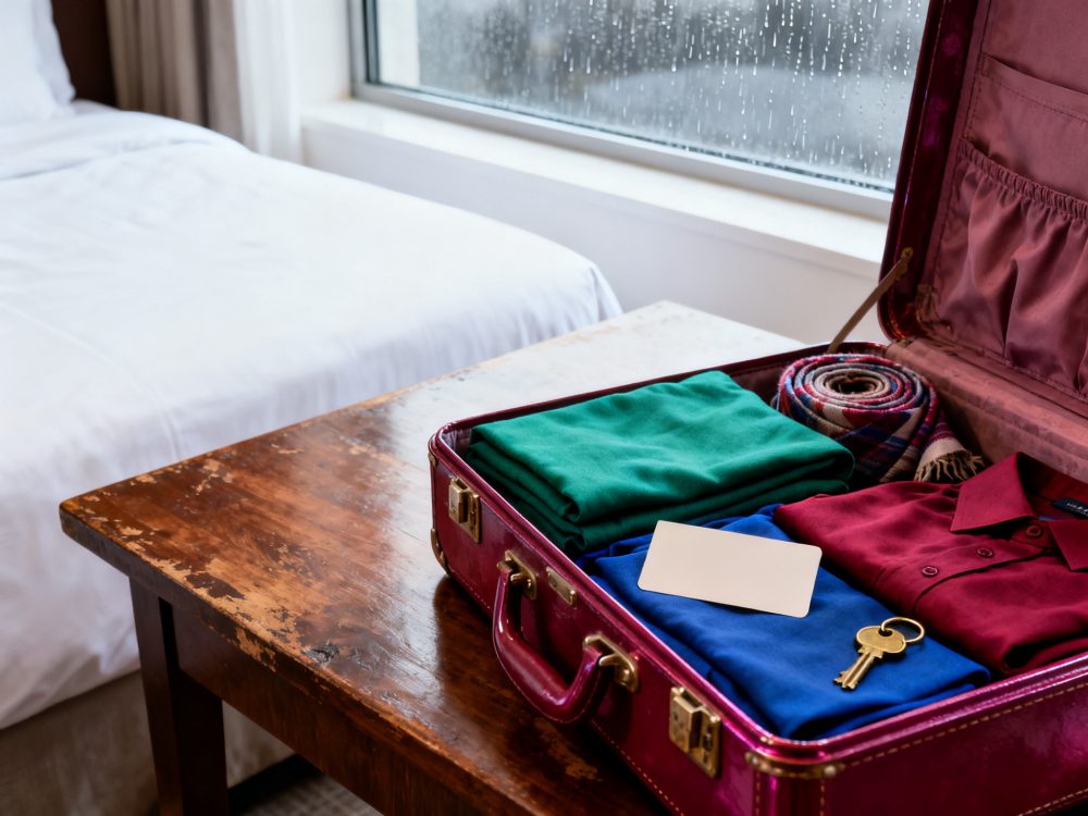 Mala vermelha aberta com roupas dentro sobre mesa ao lado de cama e janela molhada pela chuva