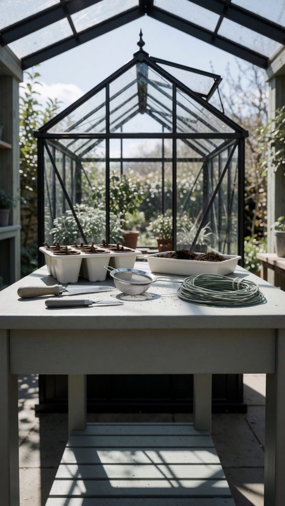 Mesa dentro de estufa com vasos, terra, ferramentas de jardinagem e corda enrolada