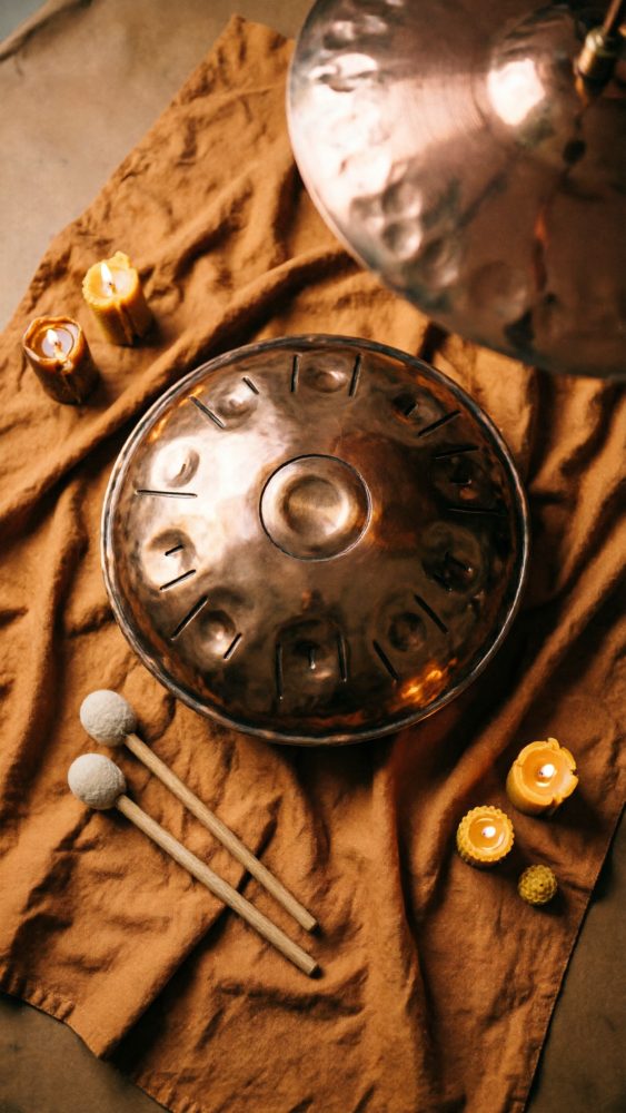 Handpan metálico com baquetas de feltro e velas sobre tecido castanho
