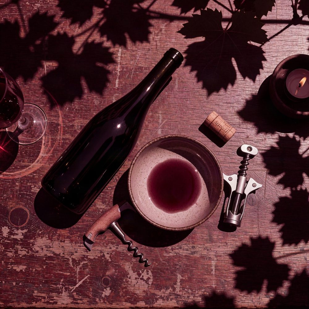 Garrafa e copo de vinho tinto com saca-rolhas e vela numa mesa de madeira com sombra de folhas