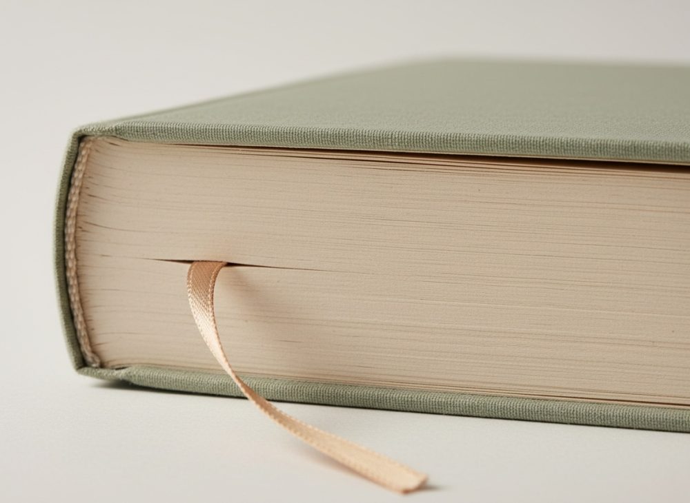 Livro de capa verde com marcador de fita bege destacada em fundo branco
