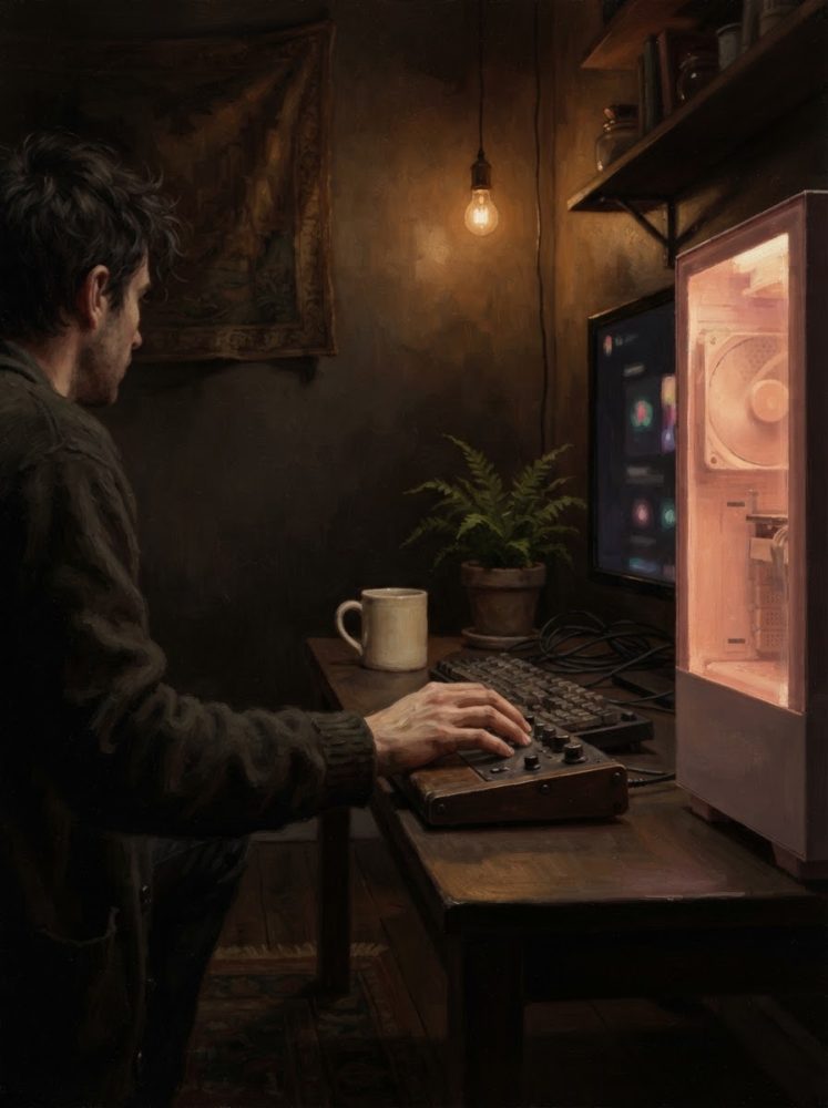 Homem sentado a jogar num computador com luz quente e comando vintage na mesa