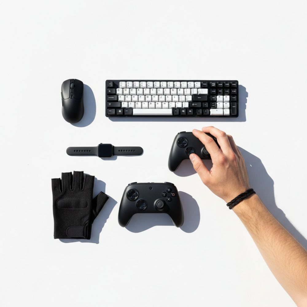 Conjunto de periféricos gaming com teclado preto e branco, rato, comandos e smartwatch em fundo branco