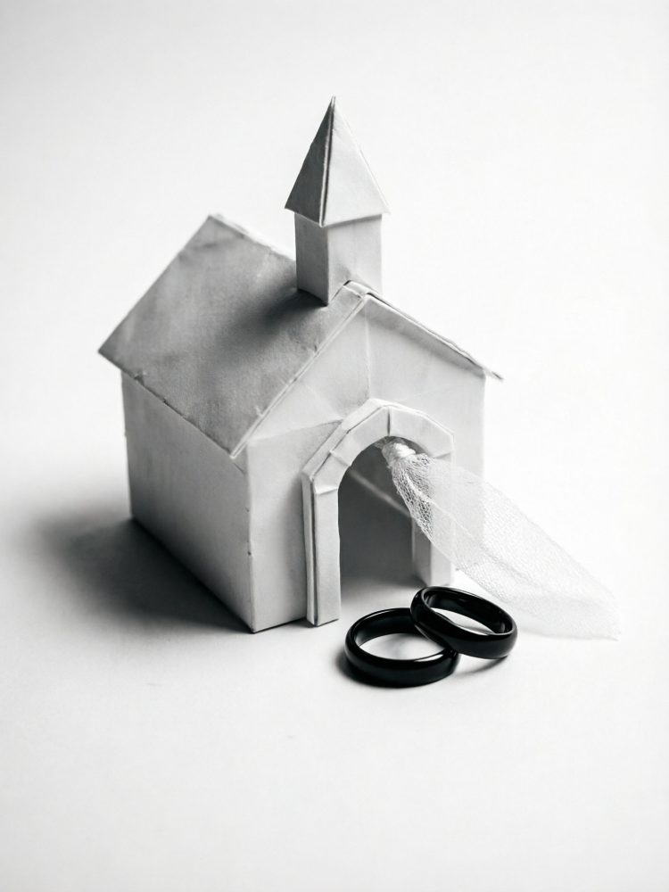 Igreja de papel branca com véu na porta e dois anéis de casamento negros ao lado