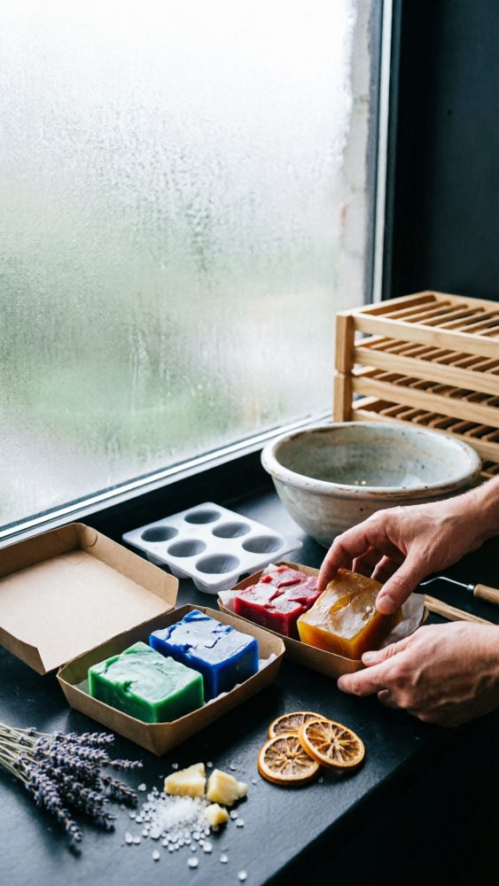 Sabonetes artesanais coloridos em caixas de cartão com ingredientes naturais em bancada junto a janela fosca