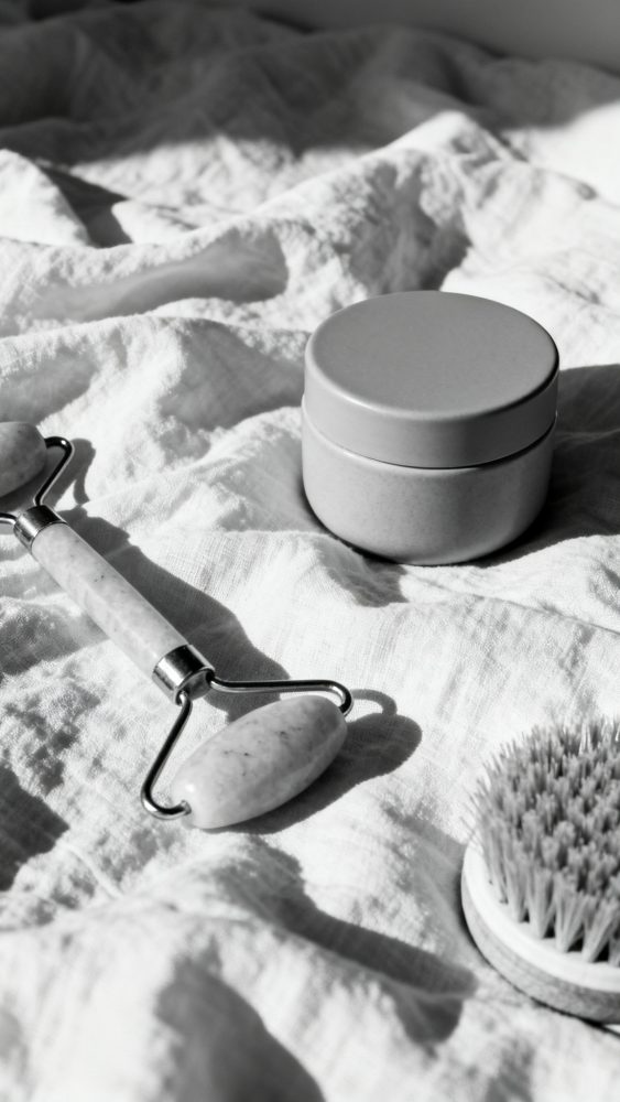 Rolo de jade, creme facial e escova sobre tecido texturado branco, iluminados por luz natural suave