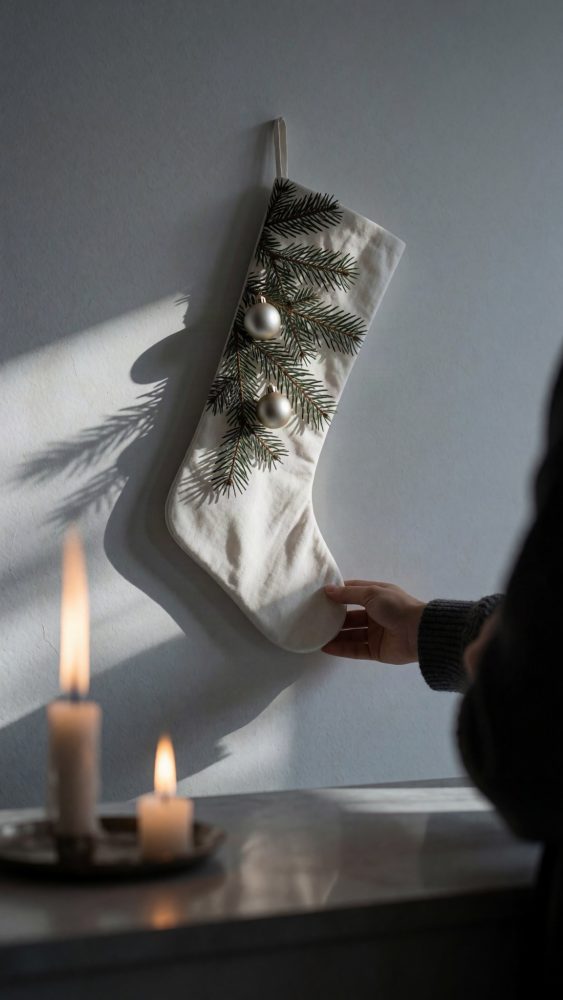 Meia branca de Natal com ramo de pinheiro e bolas prateadas pendurada na parede com velas acesas perto