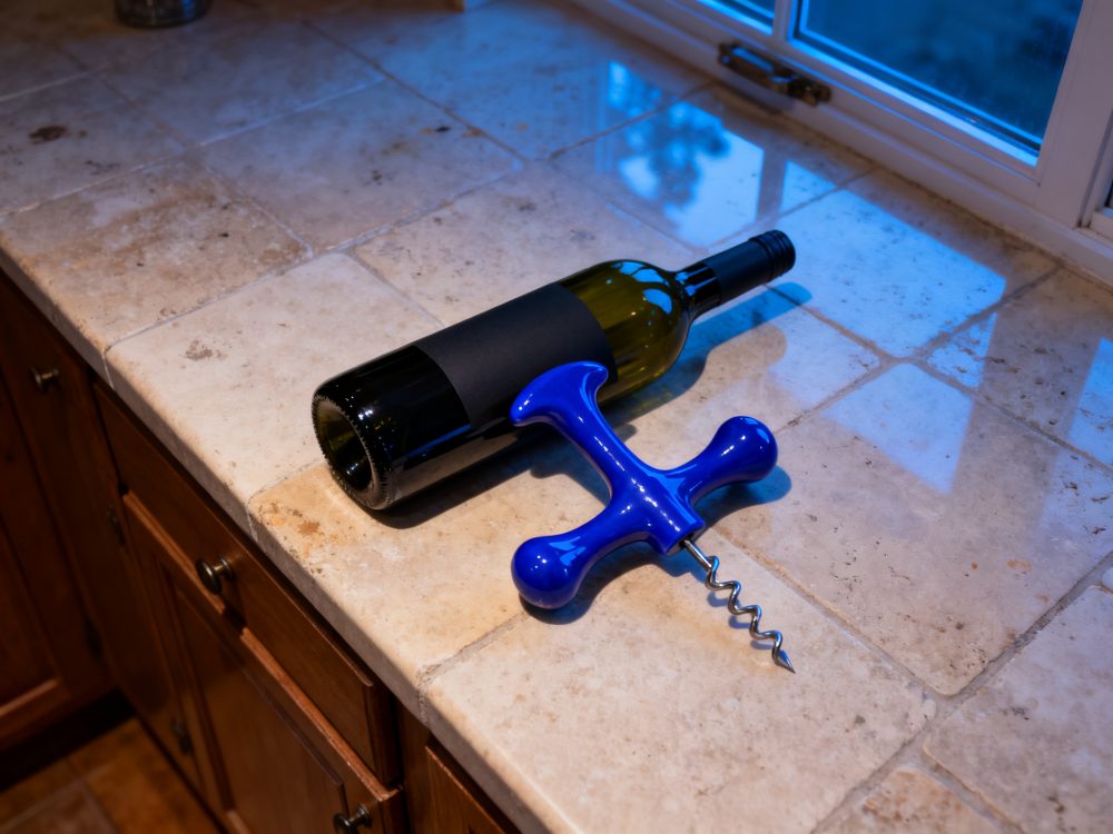 Garrafa de vinho com rótulo preto e saca-rolhas azul numa bancada de pedra