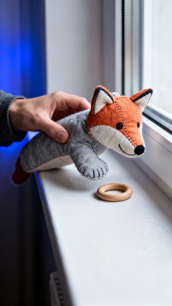Brinquedo de peluche em forma de raposa com argola de madeira numa janela