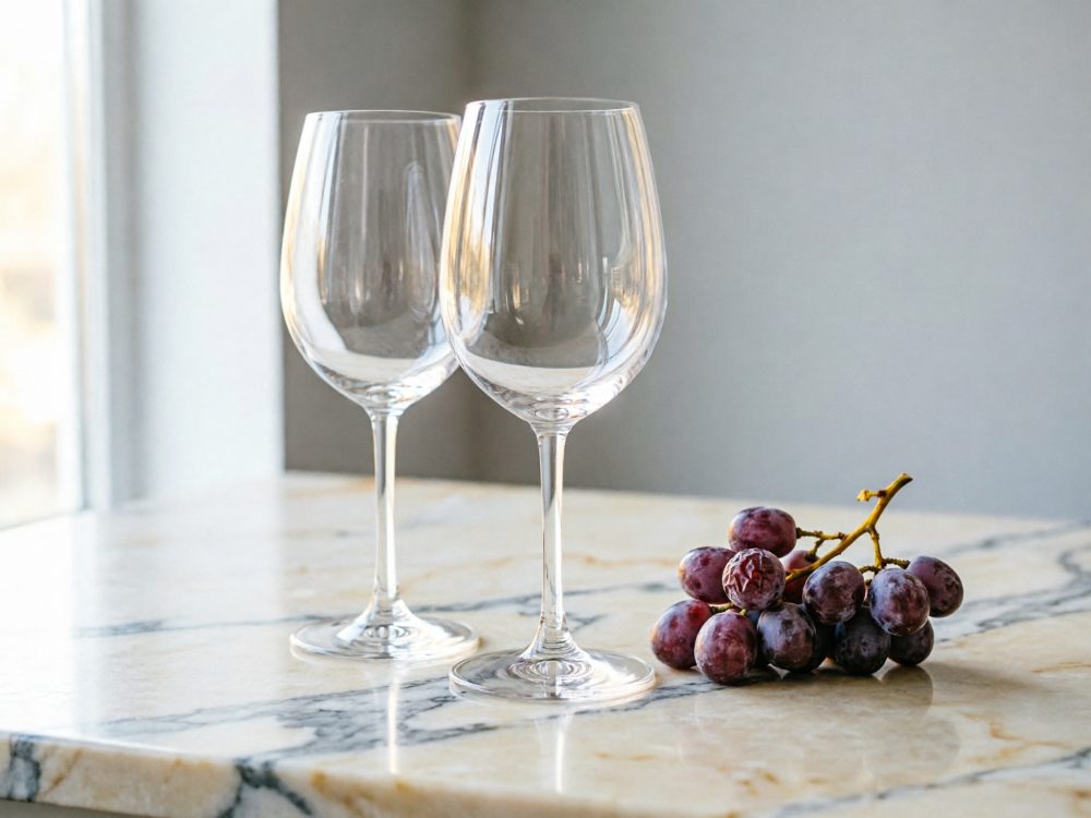 Dois copos de vinho vazios e um cacho de uvas vermelhas sobre mesa de mármore