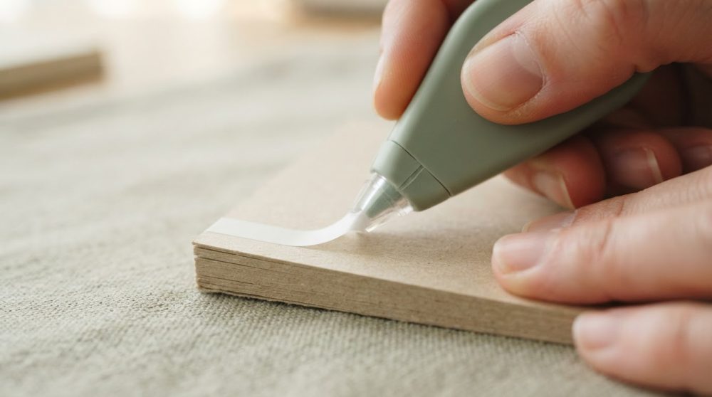 Mão segurando aplicador de fita corretora sobre bloco de papel reciclado castanho