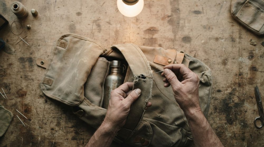 Mãos a costurar à mão mochila de viagem em tecido gasto sobre mesa de madeira envelhecida