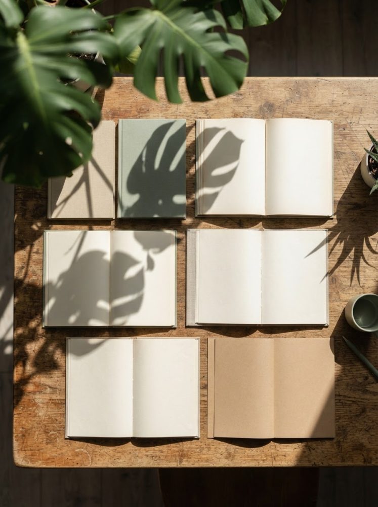 Mesa de madeira com livros em branco e sombras de folhas tropicais sobre os livros