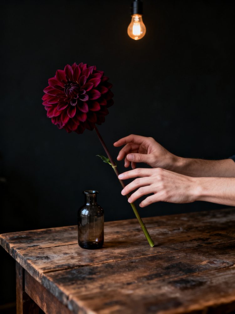 Mãos a colocar flor vermelha escura em vaso sobre mesa de madeira com luz quente
